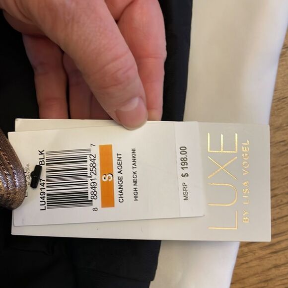 LISA VOGEL LUXE TWO PIECE HIGH NECK TANKINI. BLACK WITH COPPER/BRONZE. … - Picture 3 of 9